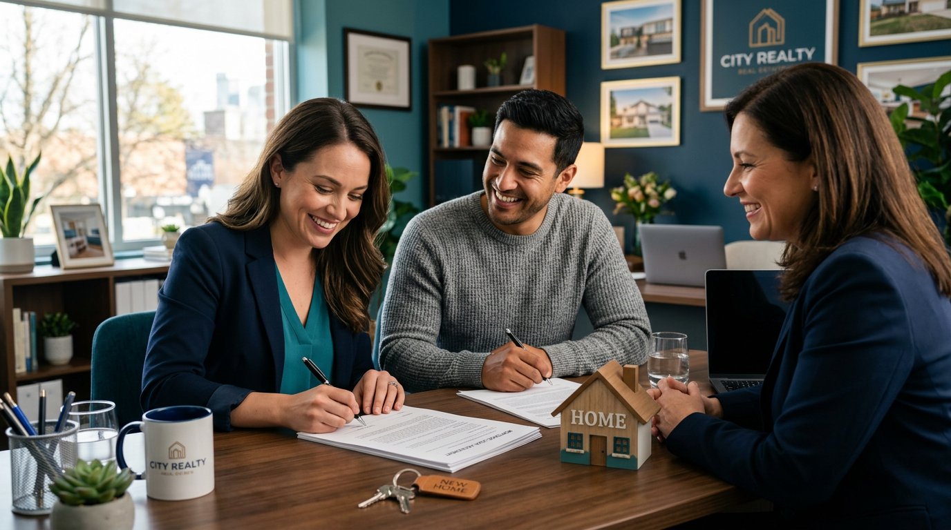 Couple signing mortgage documents with an advisor