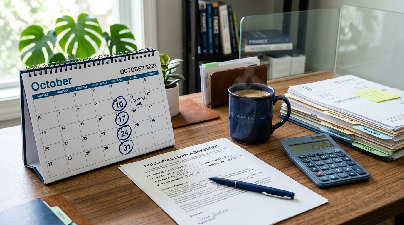 Calendar with marked loan payment dates and a loan document