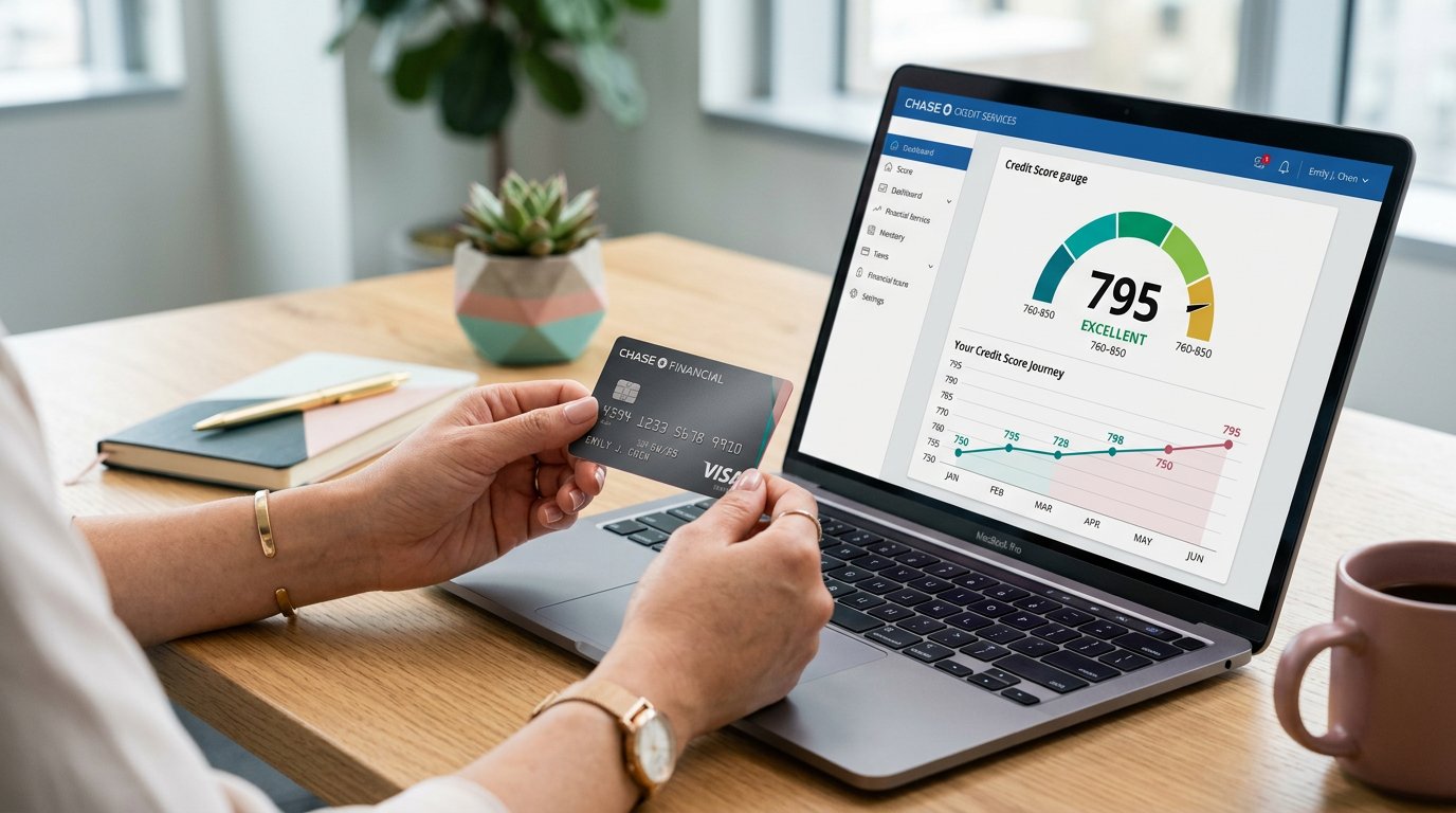 Credit card and excellent credit score on a laptop
