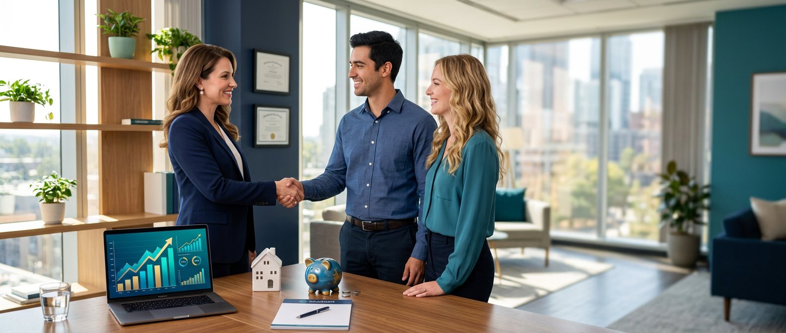Financial advisor meeting a happy couple at Finance Loan Solution