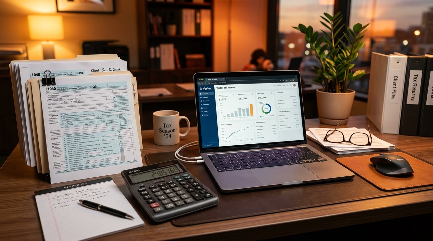 Tax forms and calculator on an accountant's desk