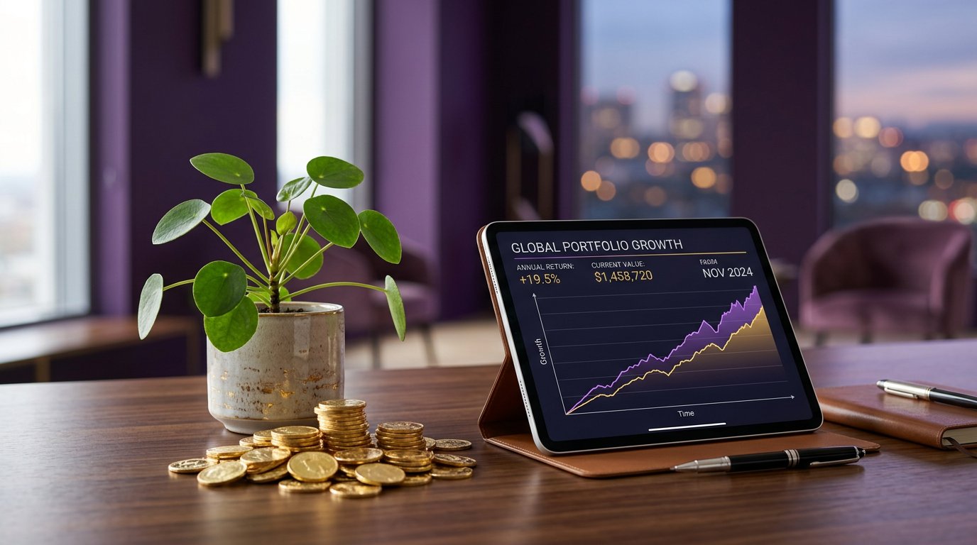 Investment charts, coins and a growing plant